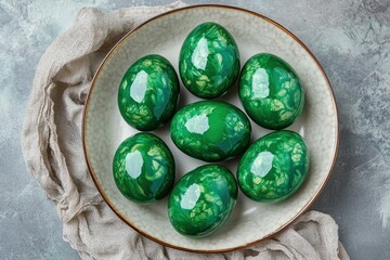 Seven emerald Easter eggs in a plate. Close up, soft focus, painted with wax and food colors. Easter holiday concept. Homemade, handmade, top view. -generative ai