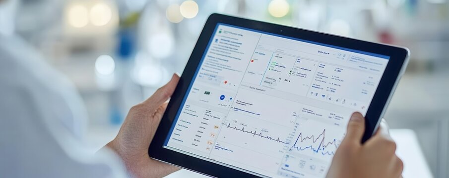 Close-up of healthcare logistics software on a tablet, showing real-time tracking of medical equipment and supplies