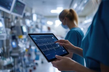 Hospital staff tracking real-time medical inventory on a tablet, surrounded by healthcare equipment