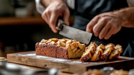 Slicing apple loaf cake.
