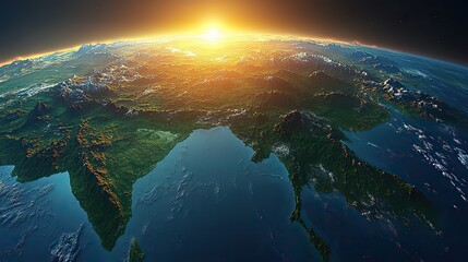 Fototapeta premium The sun illuminates East Asia from space, with a physical map highlighting the Himalayas, India, and China.