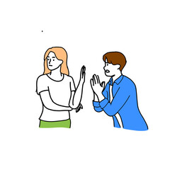 Ilustration Desperate man ask woman about for forgiveness, stress male beg girls about second chance, cheating and forgiving, relationship problem