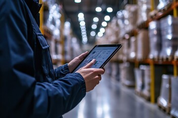 Close-up of a warehouse supervisor using a tablet to track quality metrics and product conditions in real-time