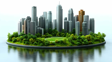 Fototapeta premium Urban Oasis: Cityscape Surrounded by Lush Greenery and Water