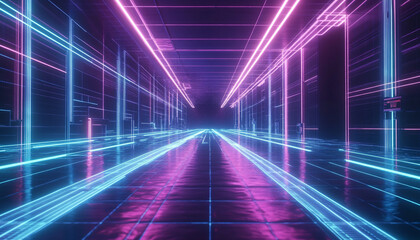 Fototapeta premium A retro-futuristic design with neon grids, VHS glitches, and pixelated elements, taking inspiration from 80s sci-fi movies and video games