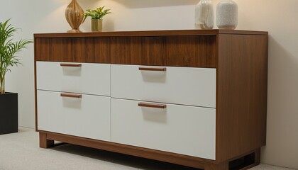 White Dresser with Wooden Top and Decorative Elements in a Minimalist Interior 91