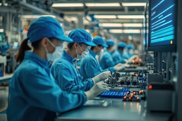 Obraz premium Realistic scene of a team of workers following SOPs on a factory floor, clear instructions displayed on a screen