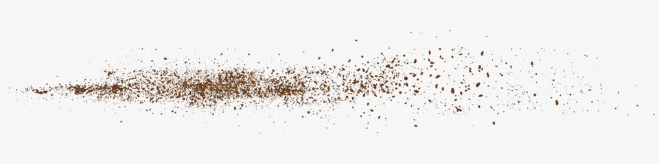 Flying coffee or chocolate powder, dust particles in motion, ground splash isolated on light background. Vector illustration.