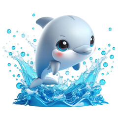 A 3D cute little dolphin, water splashes, jumps out  isolated PNG