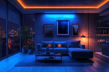 Modern living room with ambient lighting and city view.
