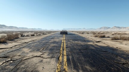 A remote desert road with a distant, abandoned car