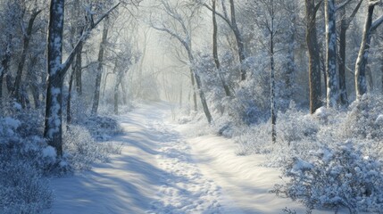 Obraz premium Snow-Covered Path Through a Foggy Winter Forest