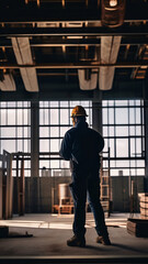 Fototapeta premium A silhouette of construction electrician working in a factory, worker with helmet, electrical worker in action