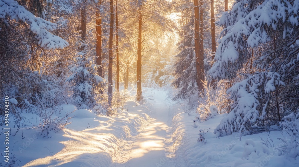 Poster A Snowy Path Through a Sunlit Winter Forest