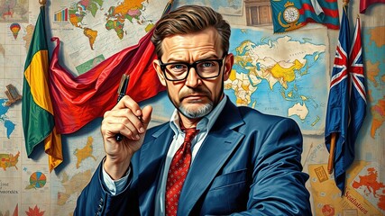 Fototapeta premium A bespectacled figure in a confident pose, grasping a pen and surrounded by maps, charts, and flags, illustrating the authority of leadership.