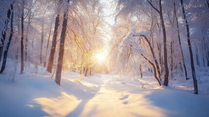 Naklejka premium Snow-Covered Forest Path with Golden Sunlight