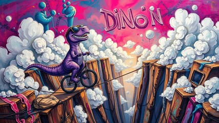 A chaotic cartoon scene featuring a purple dinosaur wearing sunglasses, riding a unicycle on a tightrope over a gaping chasm filled with fluffy white clouds and chaotic scribbles.
