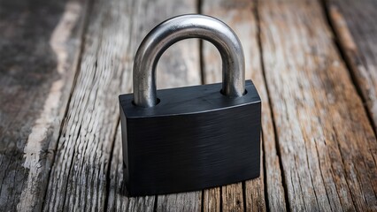 Close-up of black padlock on wooden surface