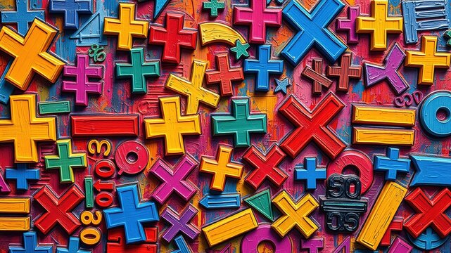 A colorful and stylized arrangement of basic arithmetic symbols, including plus signs, minus signs, multiplication and division signs, arranged in a visually appealing geometric pattern.