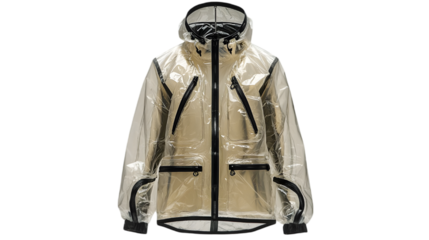 Stylish Clear Raincoat with Black Trim Hanging Neatly