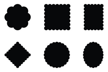 Circle, square, rectangle, rhombus, oval, ellipse with scalloped edge vector icon set. Scallop frame black silhouette. Simple label and sticker form.
