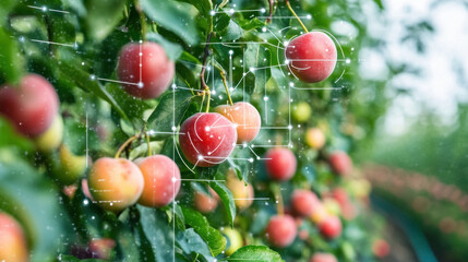 Obraz premium Fruits are monitored using advanced technology to ensure optimal size and freshness in this vibrant orchard. integration of IoT cameras enhances agricultural practices