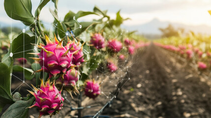 Innovative IoT devices monitor growth rate and health of vibrant dragon fruit plants in lush agricultural field, showcasing fusion of technology and nature