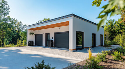 Fototapeta premium Modern garage with smart battery storage, featuring sleek design and ample space. Surrounded by greenery, it offers contemporary aesthetic and functionality
