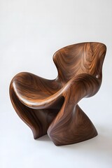 A wooden chair designed with flowing, organic shapes that mimic the curves of nature