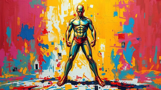 A dynamic figure stands confidently with feet shoulder-width apart, weight evenly distributed, shoulders relaxed, and arms held slightly away from the body, exuding poise and authority.