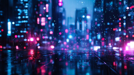 Naklejka premium Rainy urban street with vibrant neon lights at night showcasing modern city life
