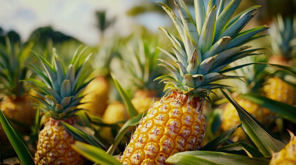 Fototapeta premium Fresh pineapples growing in lush field, showcasing vibrant yellow fruit and green leaves under sunny sky. scene evokes sense of tropical abundance and natural beauty