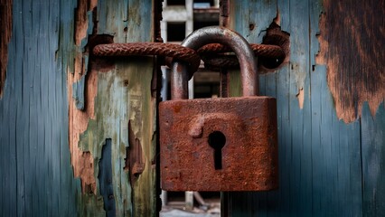 Oxidized Iron Padlock on Old Wooden Door