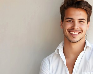 Fototapeta premium Young Man Smiling in White Shirt Against Neutral Background - Professional Headshot Photo for Business and Lifestyle Use