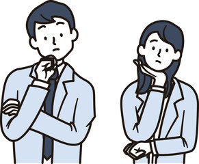 腕を組んで考える女性と男性の会社員のイラスト素材