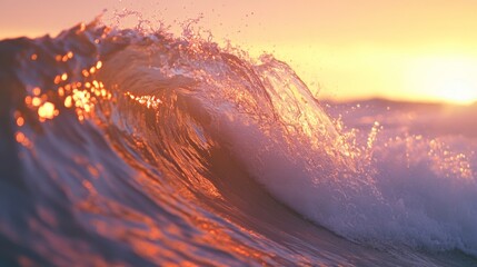 A vibrant close-up of a wave crashing in the early morning light, with the rising sun casting warm pink and orange hues on the water