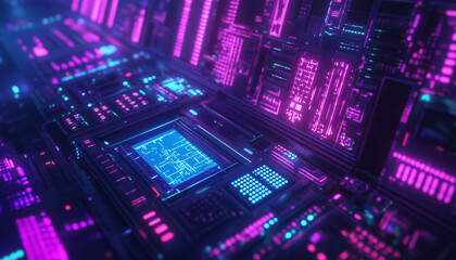 Obraz premium A retro-futuristic design with neon grids, VHS glitches, and pixelated elements, taking inspiration from 80s sci-fi movies and video games