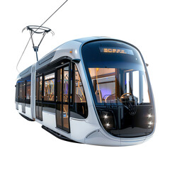 Modern tram with glass windows and doors, isolated on a white background, showcasing public transportation technology.