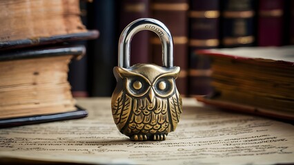 Owl-shaped Brass Padlock on Wooden Desk
