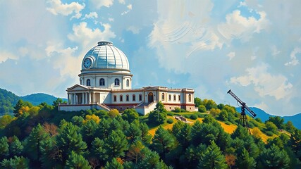 Fototapeta premium A majestic, century-old astronomy observatory stands atop a hill, its gleaming white dome and ornate clock tower rising above a lush green landscape and surrounding forest.