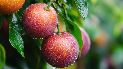 Obraz premium Fresh, ripe apples glisten with raindrops on tree branch, showcasing vibrant colors and lush green leaves. scene evokes sense of natures beauty and abundance
