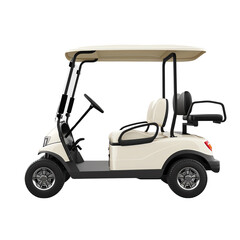 Side view of a modern, white golf cart isolated on a transparent background. Perfect for golf, transportation, and leisure concepts.