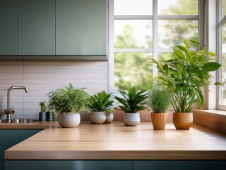 Fototapeta premium Kitchen interior with plants in pots on countertop, space for text