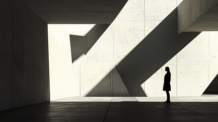 Silhouette of person standing in dramatic light and shadow play in modern architectural space. Shadow Play. Illustration