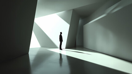 Obraz premium Silhouette of person standing in dramatic light and shadow play in modern architectural space. Shadow Play. Illustration