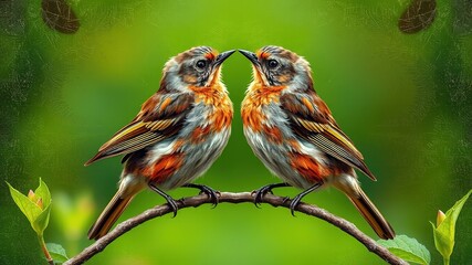 A naturalistic image of a small bird with brown and gray plumage, in a paired posture, displaying courtship behavior in a verdant outdoor setting during spring.