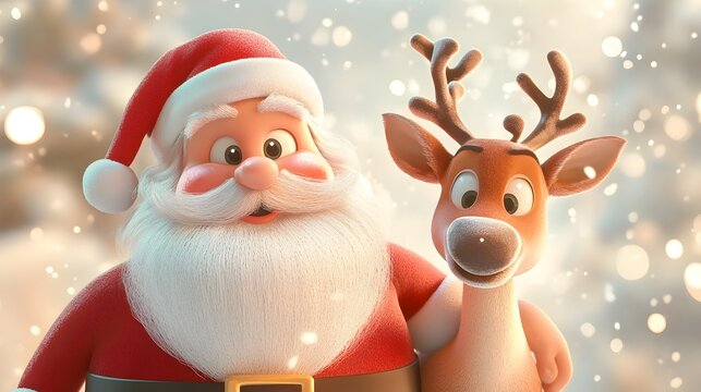Adorable 3D Cartoon Santa and Reindeer in Style with Soft Matte Finish on Light Background
