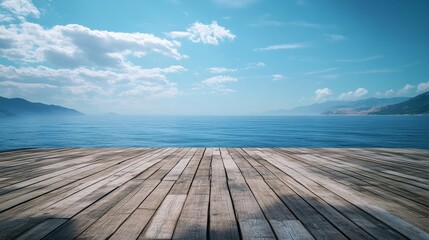 Fototapeta premium A wooden platform without barriers, facing a vast ocean