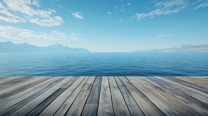 Obraz premium A wooden platform without railings, offering a vast ocean view directly in front