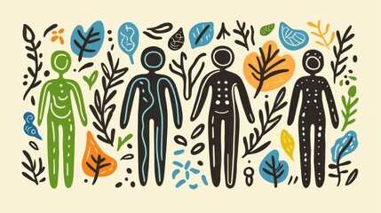 Colorful minimalist line art design featuring abstract human figures and natural elements such as trees, leaves, and flowing water. symbolizing nature's diversity and vibrancy. 
